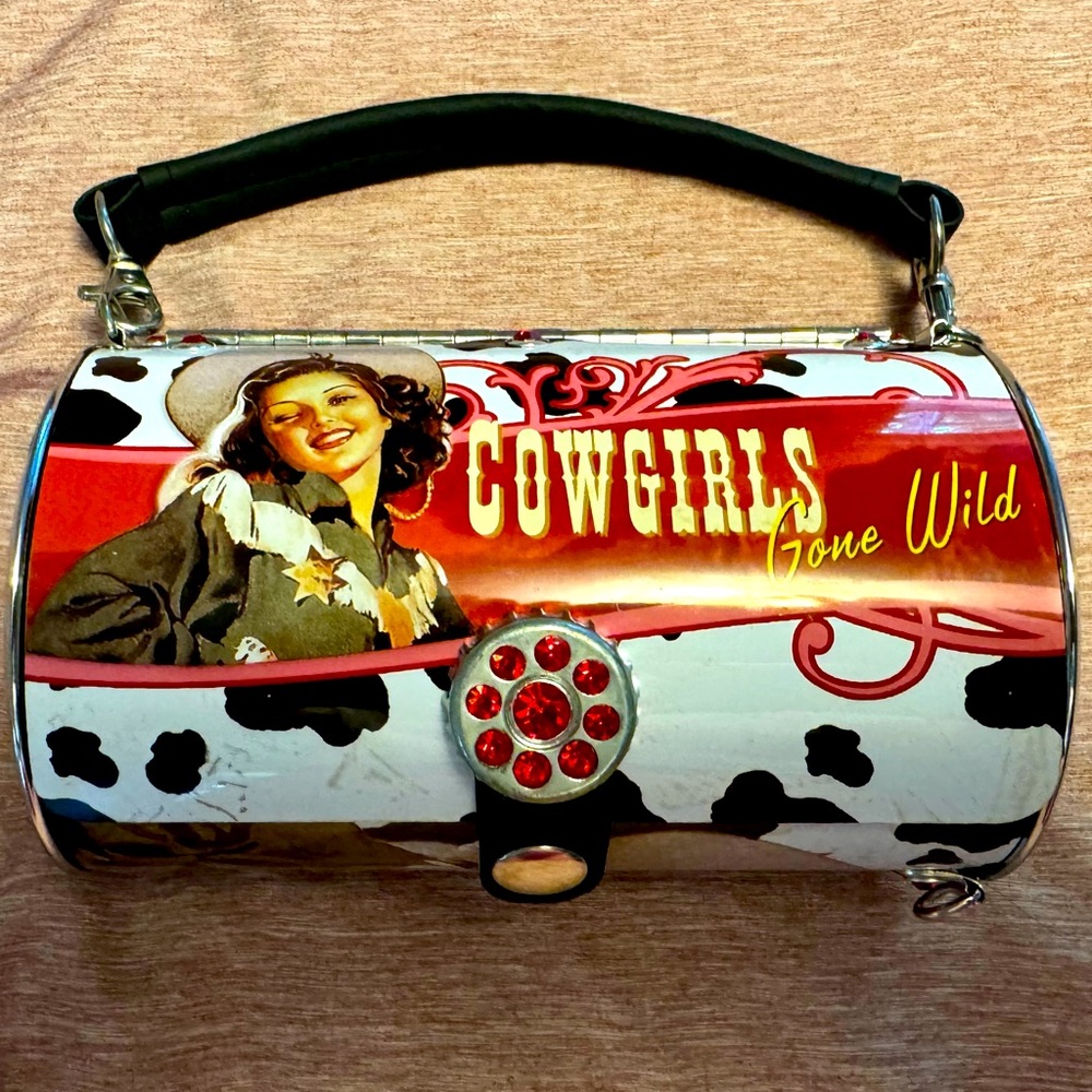 Little earth LOOK-ALIKE metal barrel purse that says COWGIRLS GONE WILD